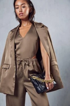 Cut Out Waist Satin Bodysuit