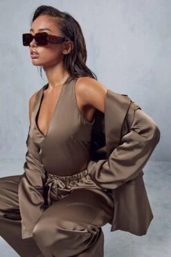 Cut Out Waist Satin Bodysuit -Ladies Clothing Shop brown cut out waist satin bodysuit 4