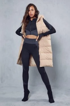 Recycled Longline Hooded Gilet -Ladies Clothing Shop camel recycled longline hooded gilet 3