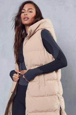Recycled Longline Hooded Gilet -Ladies Clothing Shop camel recycled longline hooded gilet 4