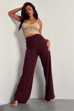 Crinkle Rib Wide Leg Trouser -Ladies Clothing Shop chocolate crinkle rib wide leg trouser 3
