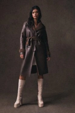 Leather Look Belted Teddy Lined Coat