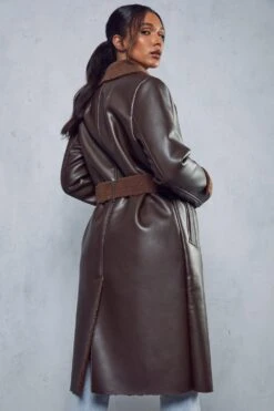 Leather Look Belted Teddy Lined Coat -Ladies Clothing Shop chocolate leather look belted teddy lined coat 3