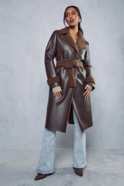Leather Look Belted Teddy Lined Coat -Ladies Clothing Shop chocolate leather look belted teddy lined coat 4