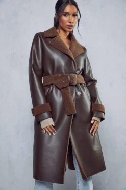 Leather Look Belted Teddy Lined Coat -Ladies Clothing Shop chocolate leather look belted teddy lined coat 5