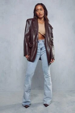 Leather Look Oversized Blazer -Ladies Clothing Shop chocolate leather look oversized blazer 3