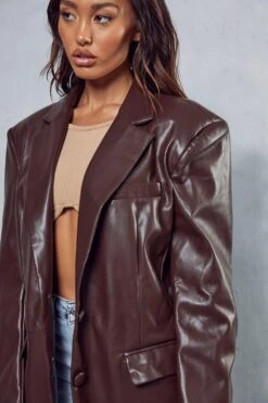 Leather Look Oversized Blazer -Ladies Clothing Shop chocolate leather look oversized blazer 4
