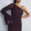 Premium Mesh Ruched One Shoulder Mini Dress -Ladies Clothing Shop chocolate premium mesh ruched one shoulder mini dress