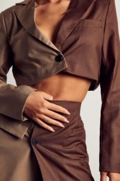Spliced Cropped Blazer -Ladies Clothing Shop chocolate spliced cropped blazer 1