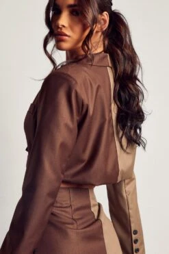 Spliced Cropped Blazer -Ladies Clothing Shop chocolate spliced cropped blazer 2