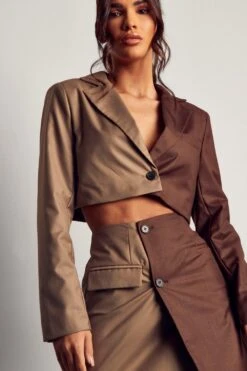 Spliced Cropped Blazer -Ladies Clothing Shop chocolate spliced cropped blazer 4
