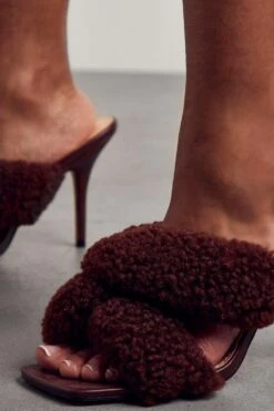 Teddy Fur Padded Heeled Mules -Ladies Clothing Shop chocolate teddy fur padded heeled mules 1
