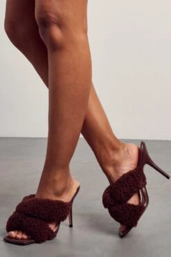 Teddy Fur Padded Heeled Mules -Ladies Clothing Shop chocolate teddy fur padded heeled mules 2