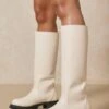 Chunky Sole Knee High Boots -Ladies Clothing Shop cream chunky sole knee high boots
