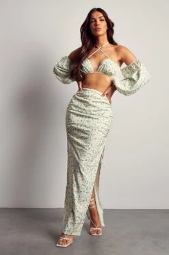 Ditsy Floral Side Split Two Piece Co-ord Set -Ladies Clothing Shop cream ditsy floral side split two piece co ord set 3