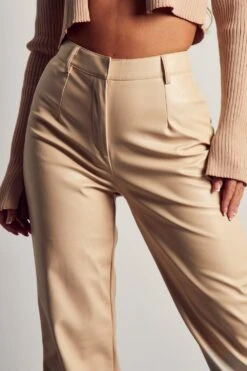 Leather Look Straight Leg Trouser -Ladies Clothing Shop cream leather look straight leg trouser 2
