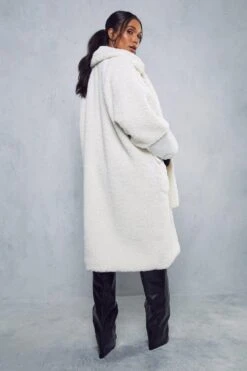 Longline Contrast Detail Teddy Coat -Ladies Clothing Shop cream longline contrast detail teddy coat 2