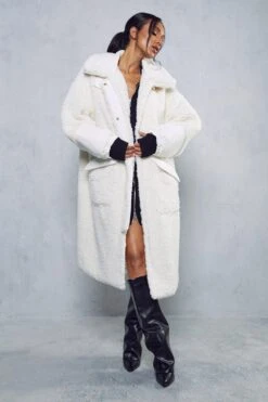 Longline Contrast Detail Teddy Coat