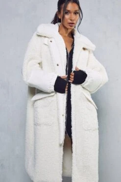 Longline Contrast Detail Teddy Coat -Ladies Clothing Shop cream longline contrast detail teddy coat 4