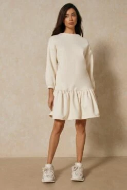 Ruffle Smock Sweatshirt Dress -Ladies Clothing Shop cream ruffle smock sweatshirt dress 3