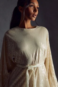 Sequin Shoulder Pad Mini Dress -Ladies Clothing Shop cream sequin shoulder pad mini dress 2