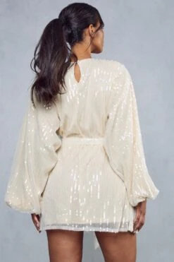 Sequin Shoulder Pad Mini Dress -Ladies Clothing Shop cream sequin shoulder pad mini dress 3