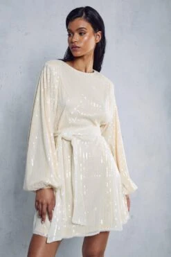 Sequin Shoulder Pad Mini Dress -Ladies Clothing Shop cream sequin shoulder pad mini dress 6