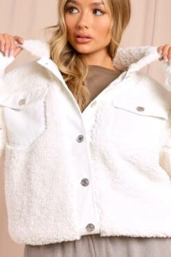 Teddy Fur Jacket With Pu Trims -Ladies Clothing Shop cream teddy fur jacket with pu trims 2