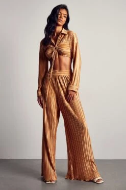 Plisse Wide Leg Trousers -Ladies Clothing Shop gold plisse wide leg trousers 1