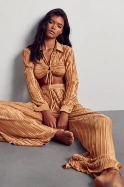 Plisse Wide Leg Trousers -Ladies Clothing Shop gold plisse wide leg trousers 2