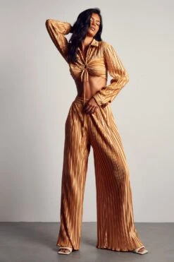 Plisse Wide Leg Trousers -Ladies Clothing Shop gold plisse wide leg trousers 4