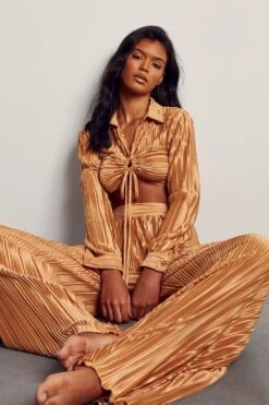 Plisse Wide Leg Trousers -Ladies Clothing Shop gold plisse wide leg trousers 5