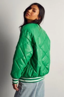 Leather Look Quilted Bomber Jacket -Ladies Clothing Shop green leather look quilted bomber jacket 2