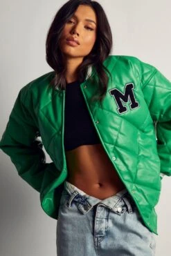 Leather Look Quilted Bomber Jacket