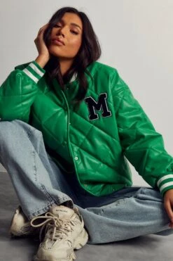 Leather Look Quilted Bomber Jacket -Ladies Clothing Shop green leather look quilted bomber jacket 4