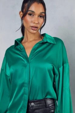Oversized Relaxed Satin Shirt -Ladies Clothing Shop green oversized relaxed satin shirt 1