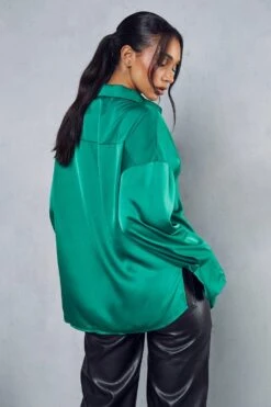 Oversized Relaxed Satin Shirt -Ladies Clothing Shop green oversized relaxed satin shirt 2