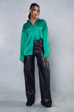 Oversized Relaxed Satin Shirt -Ladies Clothing Shop green oversized relaxed satin shirt 3