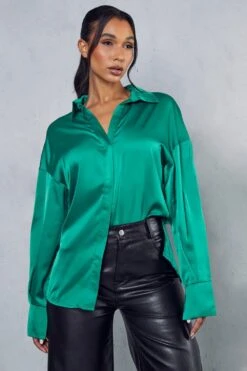 Oversized Relaxed Satin Shirt -Ladies Clothing Shop green oversized relaxed satin shirt 4