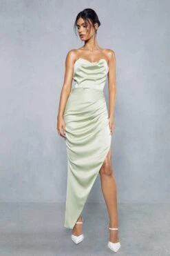 Premium Satin Corseted Asymmetric Maxi Dress -Ladies Clothing Shop green premium satin corseted asymmetric maxi dress 3