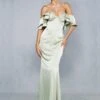 Premium Satin Corseted Bardot Frill Maxi Dress -Ladies Clothing Shop green premium satin corseted bardot frill maxi dress