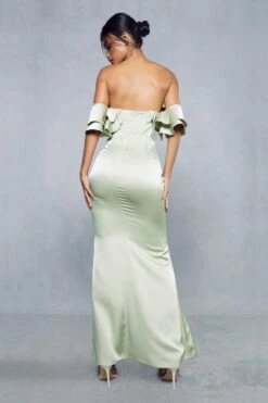 Premium Satin Corseted Bardot Frill Maxi Dress -Ladies Clothing Shop green premium satin corseted bardot frill maxi dress 2