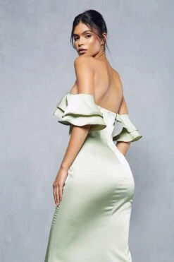 Premium Satin Corseted Bardot Frill Maxi Dress -Ladies Clothing Shop green premium satin corseted bardot frill maxi dress 4