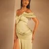 Premium Satin Draped Off The Shoulder Maxi Dress -Ladies Clothing Shop green premium satin draped off the shoulder maxi dress