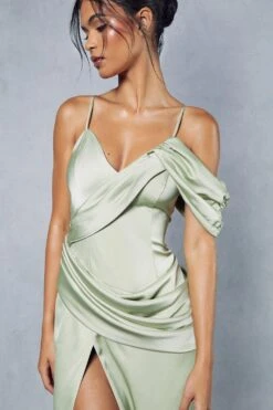 Premium Satin Draped Off The Shoulder Maxi Dress -Ladies Clothing Shop green premium satin draped off the shoulder maxi dress 5