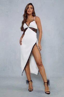 Lexi Wood Satin Lace Trim Split Leg Midi Dress