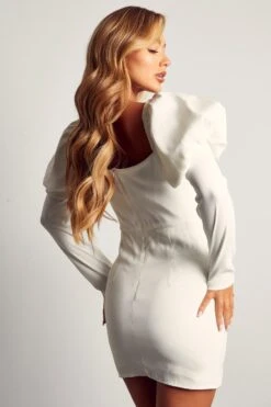 Pleated Twist Detail Puff Sleeve Mini Dress -Ladies Clothing Shop ivory pleated twist detail puff sleeve mini dress 2