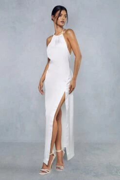 Premium Satin Deep V Back Ruched Halterneck Maxi Dress -Ladies Clothing Shop ivory premium satin deep v back ruched halterneck maxi dress 3