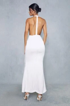 Premium Satin Pleated Halterneck Open Back Maxi Dress -Ladies Clothing Shop ivory premium satin pleated halterneck open back maxi dress 2