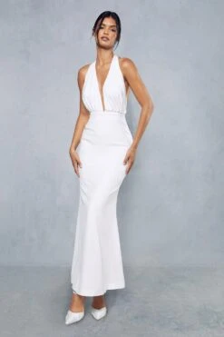 Premium Satin Pleated Halterneck Open Back Maxi Dress -Ladies Clothing Shop ivory premium satin pleated halterneck open back maxi dress 3